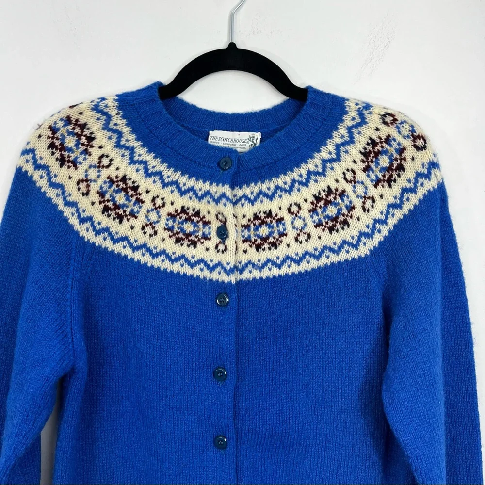 Vintage 70s 80s pure Shetland wool blue fair isle old money cardigan sweater - Picture 6 of 11